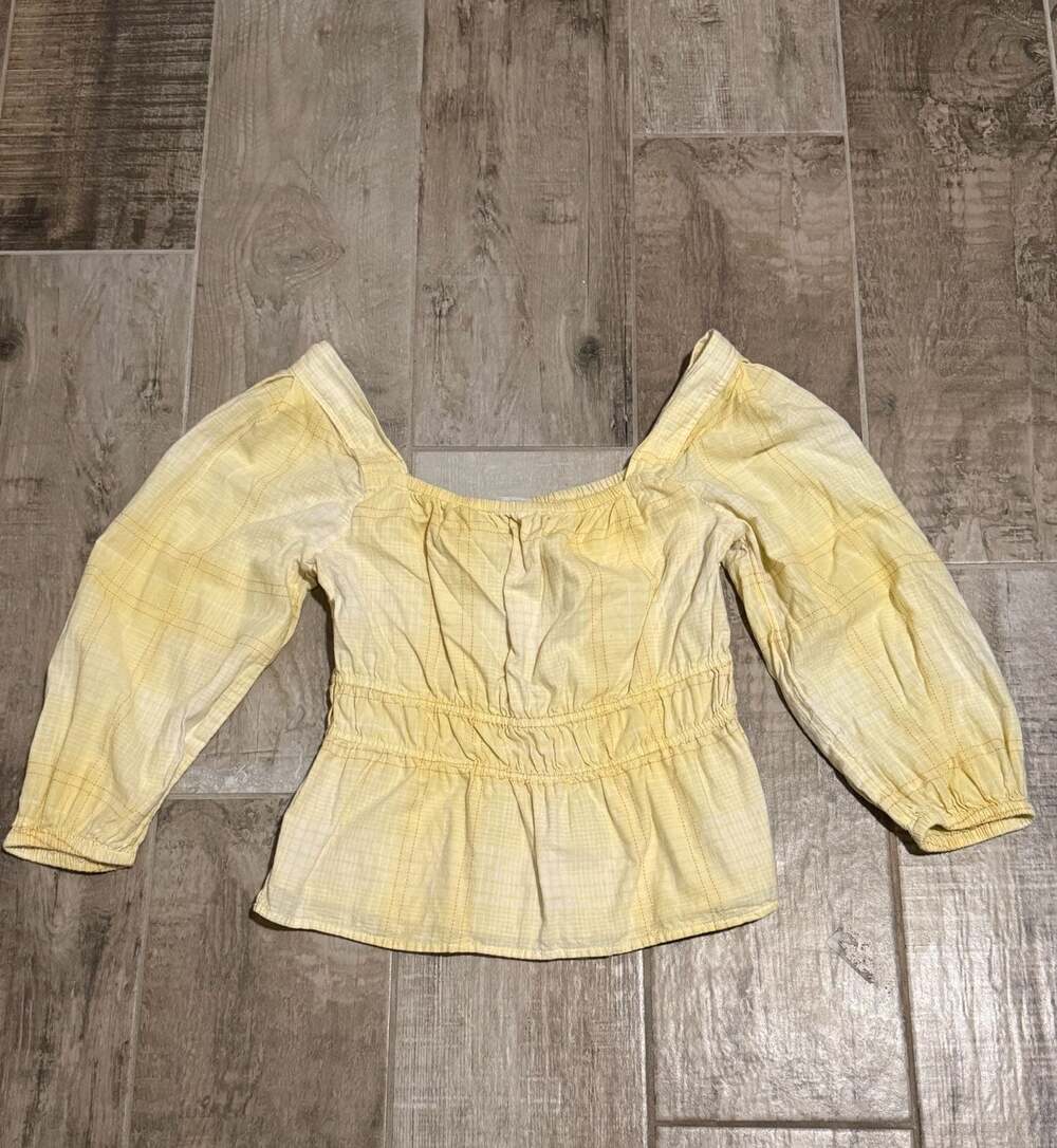 Free Assembly Women's Square Neck Top With Blouson Sleeves Yellow Plaid Size M